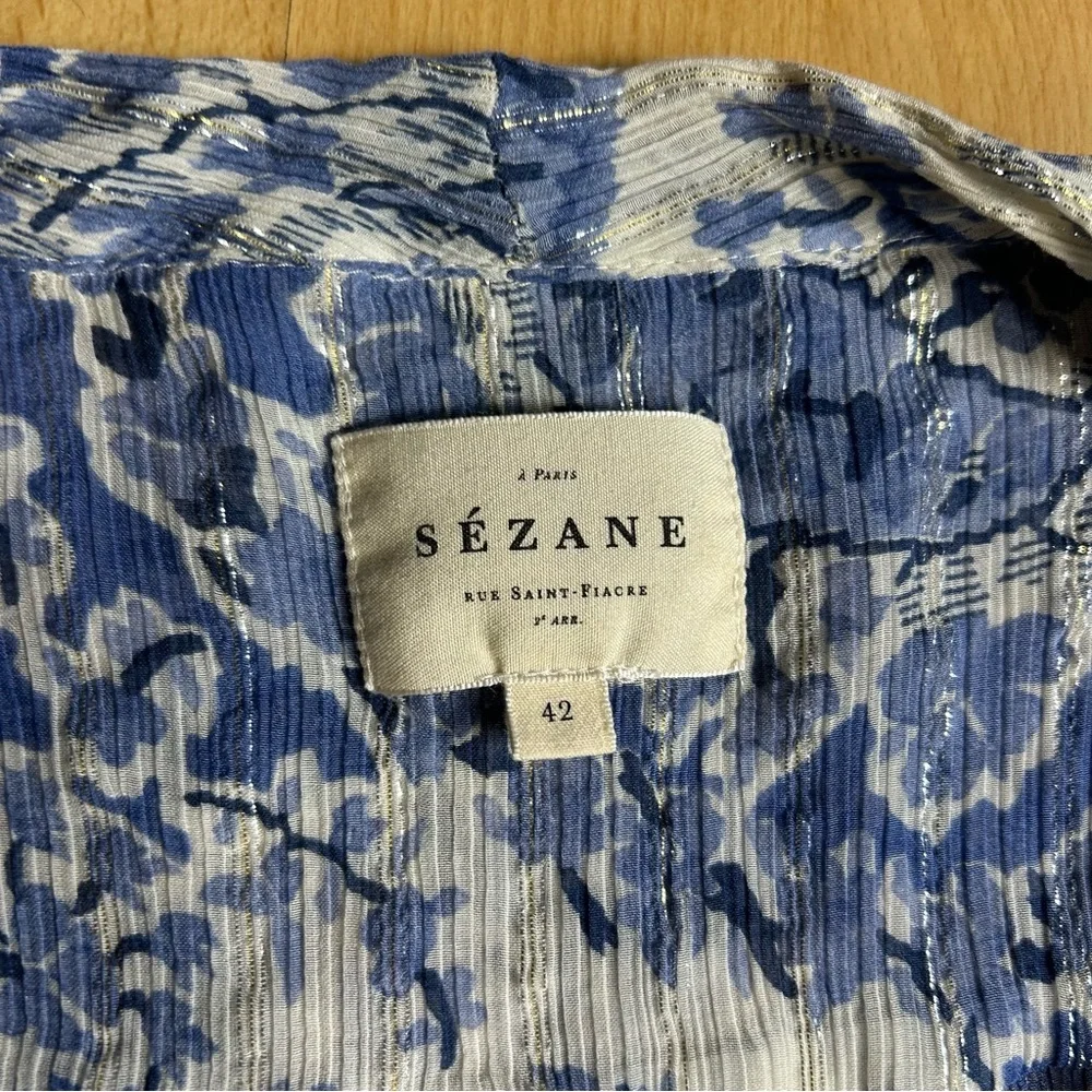 Sezane Amelia Blue and White Floral V Neck Faux Wrap Blouse - Picture 8 of 13